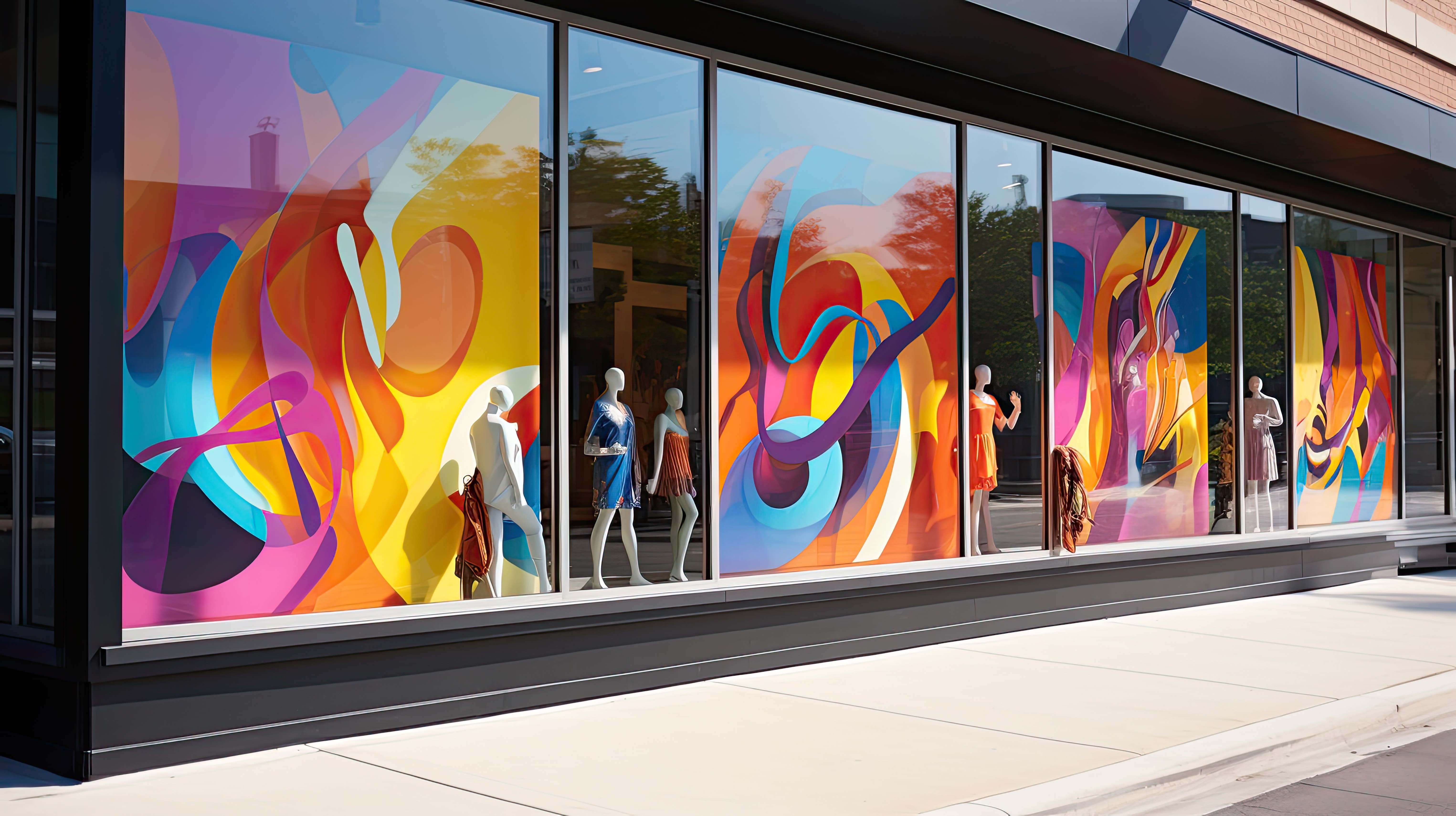 Full-color abstract window graphics across a storefront glass facade